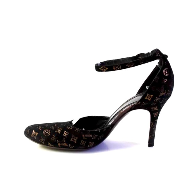 LOUIS VUITTON BLACK SUEDE HEELS METALLIC GOLD LV LOGO PRINT IT SIZE 37 - Picture 3 of 10